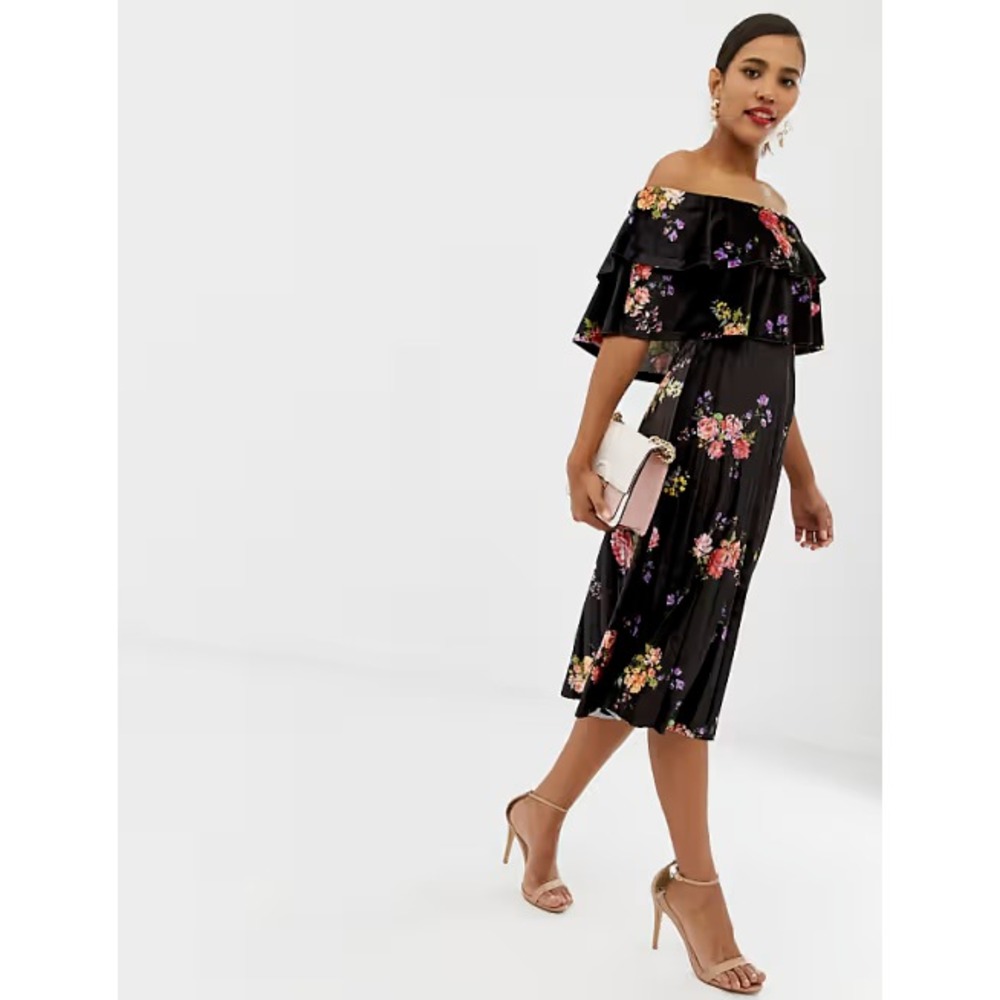ASOS Velvet Midi Dress Women 4 Black Floral Ruffle Off Shoulder Pleated Romantic